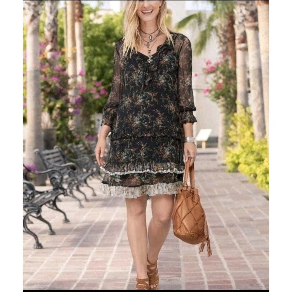 SUNDANCE Dress Petite M Mist In The Meadows Drop Waist Floral Ruffled Boho Sheer
